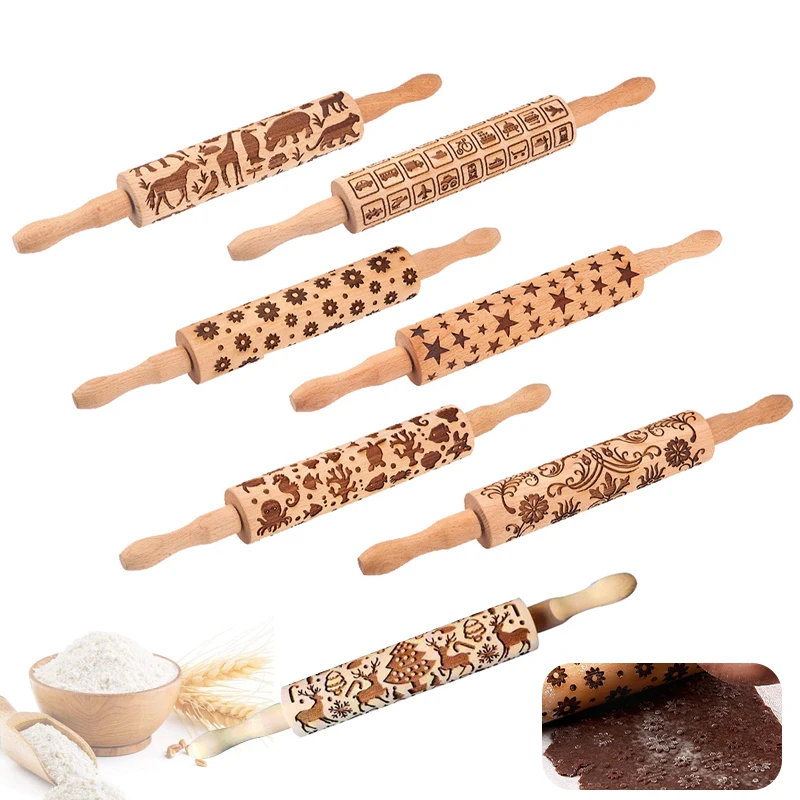 

Baking Tool Emboss Dough Roller Wood Embossing Rolling Pin for Christmas