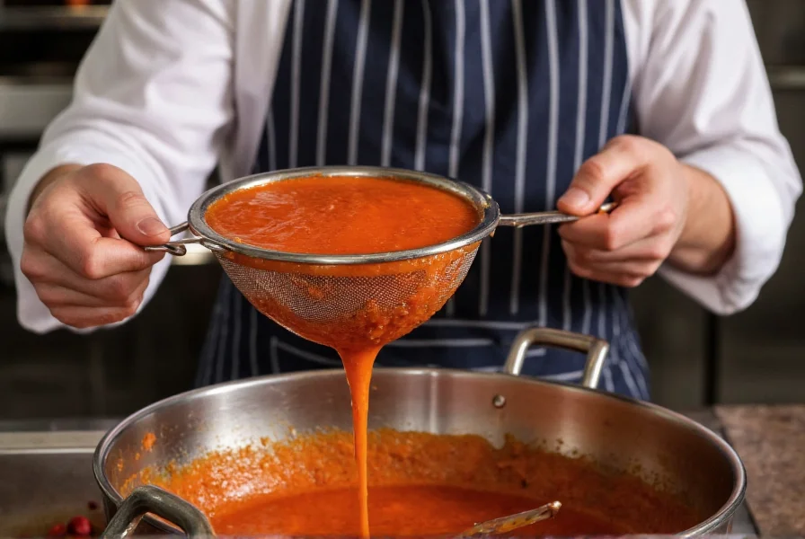 Professional chef carefully straining red pepper coulis through fine mesh sieve to achieve smooth texture
