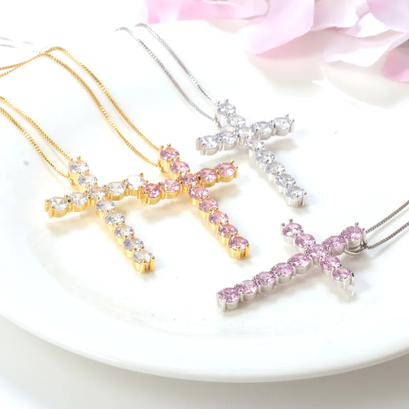 

gold plated pink diamond iced out tennis chain cross pendant charm necklace, Golden