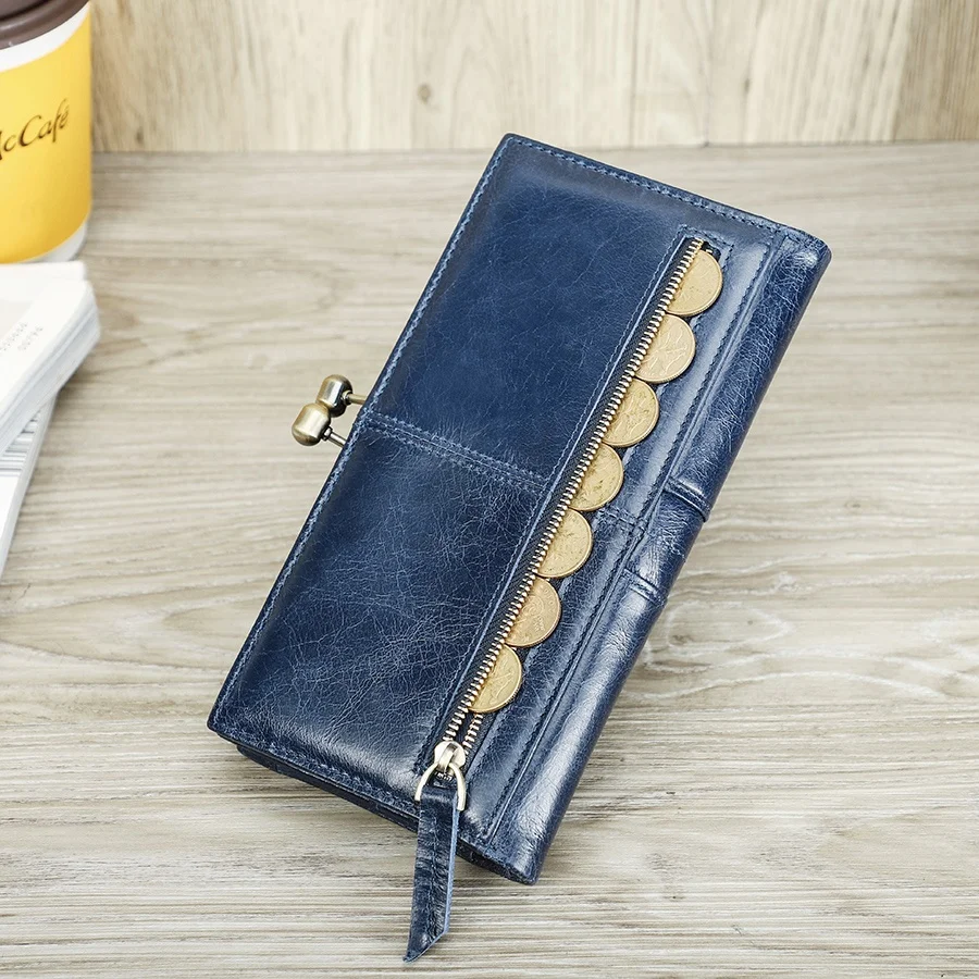 

CONTACT'S RFID Blocking Bifold Credit Card Holder Full Grain Leather Women's Long Wallet Blue with Kiss Lock Closure