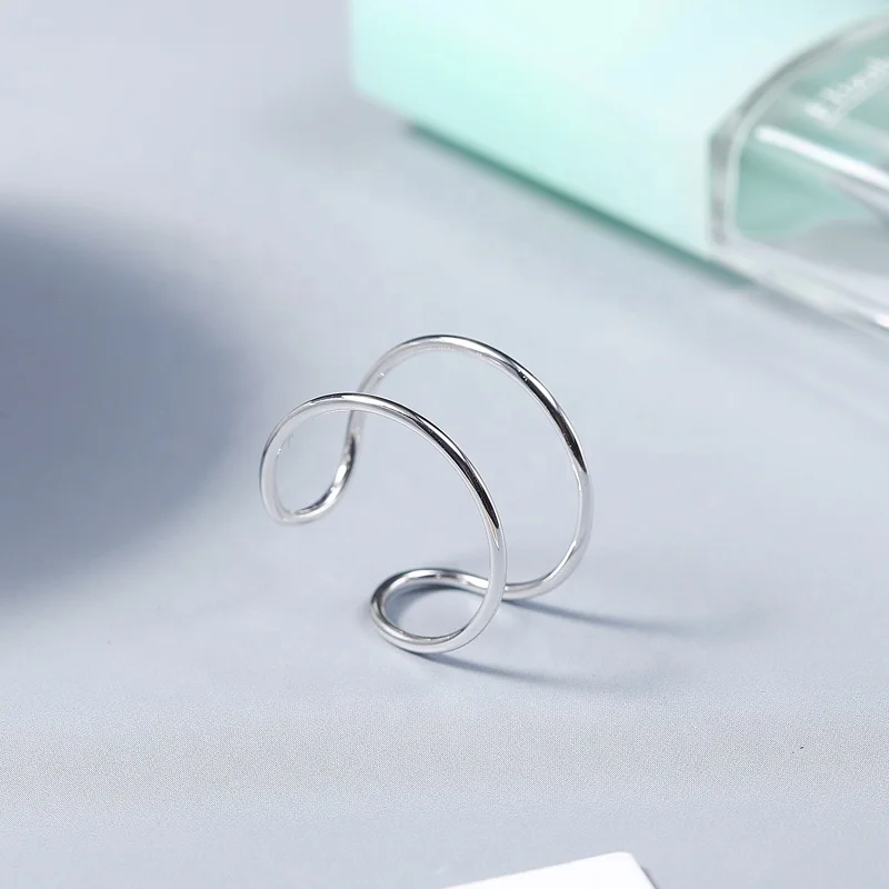 

Factory Wholesale Unisex Minimalist Adjustable 925 Sterling Silver Rhodium Plated Double Layer Open Rings