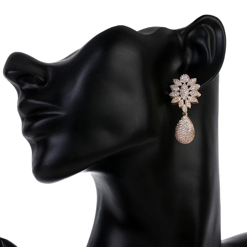 

Luxury Micro Pave Cubic Zirconia Earrings CZ Flower Hanging Handmade Earrings
