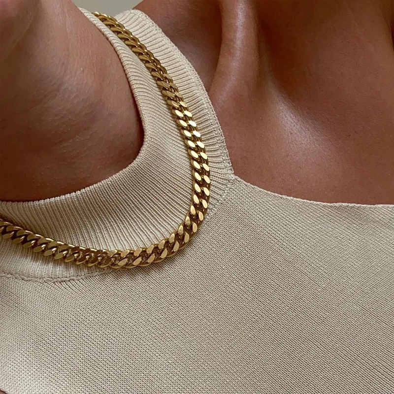 

Fashion Trendy 9mm gold plated stainless steel Necklace Thick Wide Curb Chain Choker Chunky Cuban Link Necklace Women Jewelry