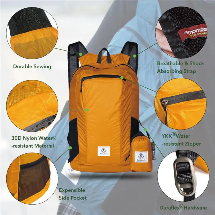 

4monster most popular design foldable waterproof nylon backpack, Black;green;orange;blue