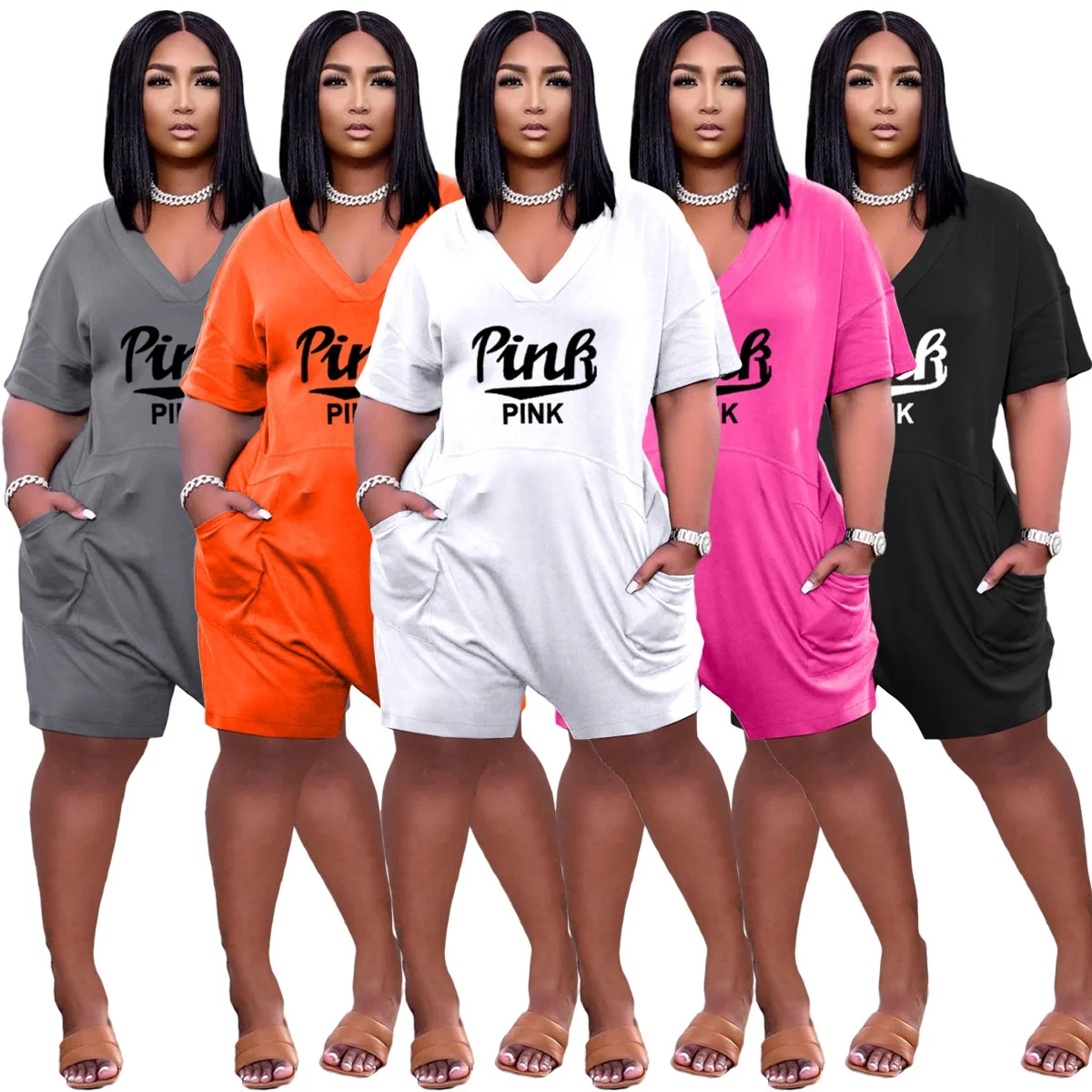 

Women's Jumpsuit MT27-8257 Wholesale Women's Summer New Fashion Loose V-neck Casual Sports Letter Printing Blouses & Tops Short