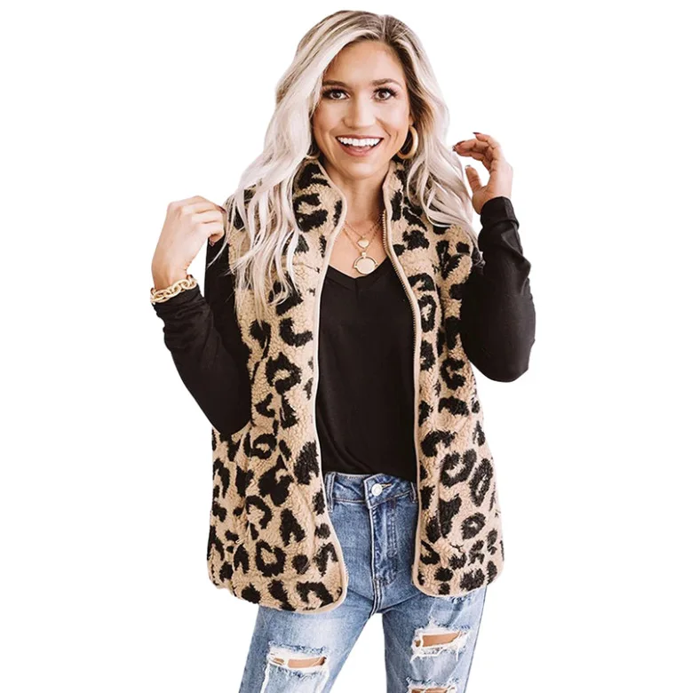 

2021 New Design Lamb Cashmere Leopard Print Zipped Warmly Vest Coat