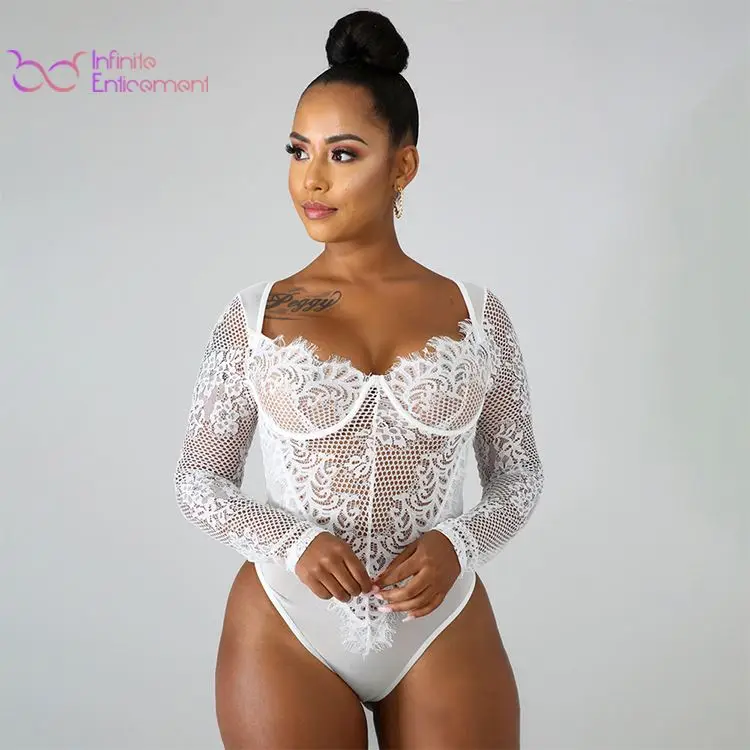 Infinile Enticement Mesh Thin Lingerie Embroidered Transparent Bodysuit Woman Long Sleeve