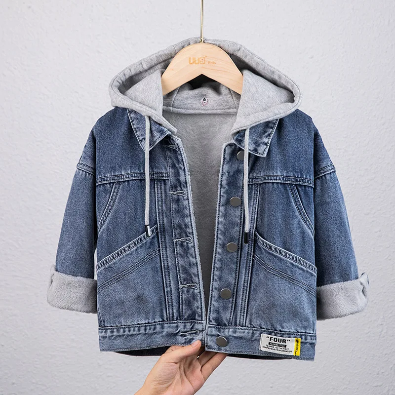 

New autumn and winter plus velvet thick hooded denim jacket kids