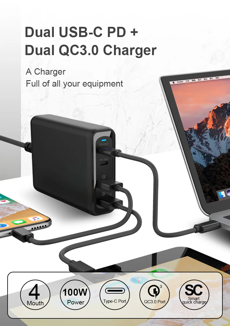 Vina 4 Ports 100w Total Power Qc3.0 Pd Smart Fast Charger Multi Charger Station For Iphone For