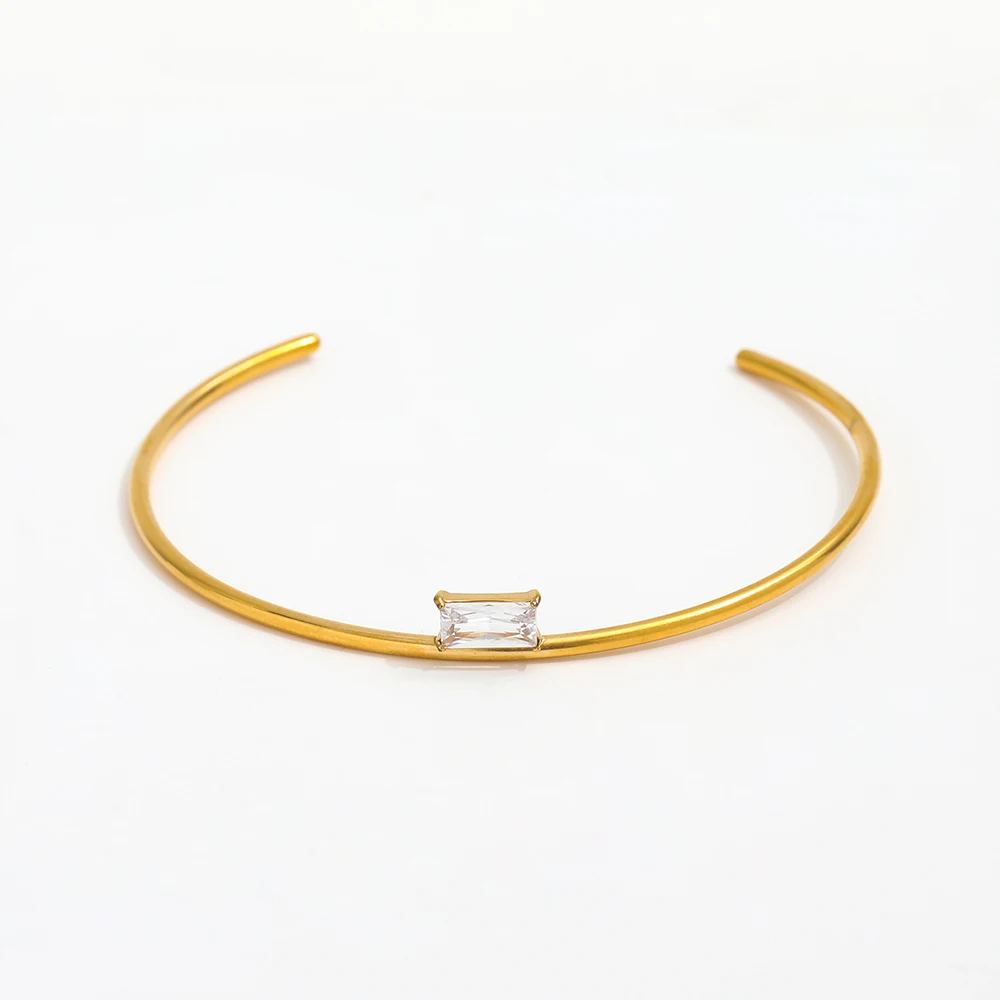 

High End 18k PVD Gold Plated Stainless Steel Rectangle Zirconia Simple C Cuff Bangle Bracelet for Women Wholesale Jewelry