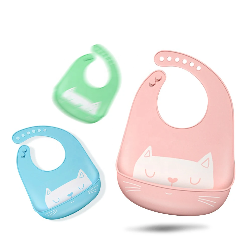 

Custom BPA Free Waterproof Soft Durable Adjustable Cat Pattern Bibs Easy Wipe Clean Silicone Baby Bib for Babies & Toddlers, Any color is availavle