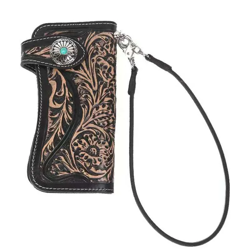 

luxury Engraving Fashionable Rivet Handmade Full Grain Vegetable Tanned Leather Women Wallet with String
