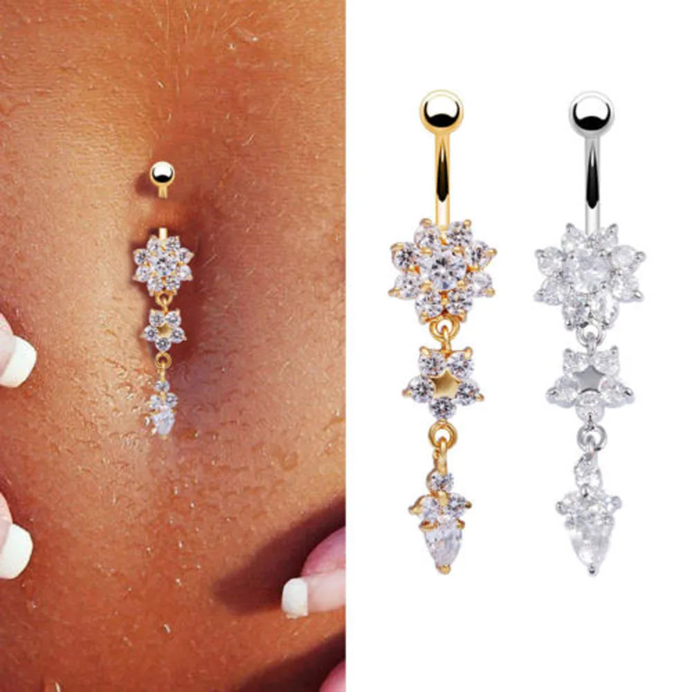 

YD Jewelry Flower Dangle CZ Crystal Belly Button Ring Sexy Gold Silver Belly Piercing Navel Piercing Rings