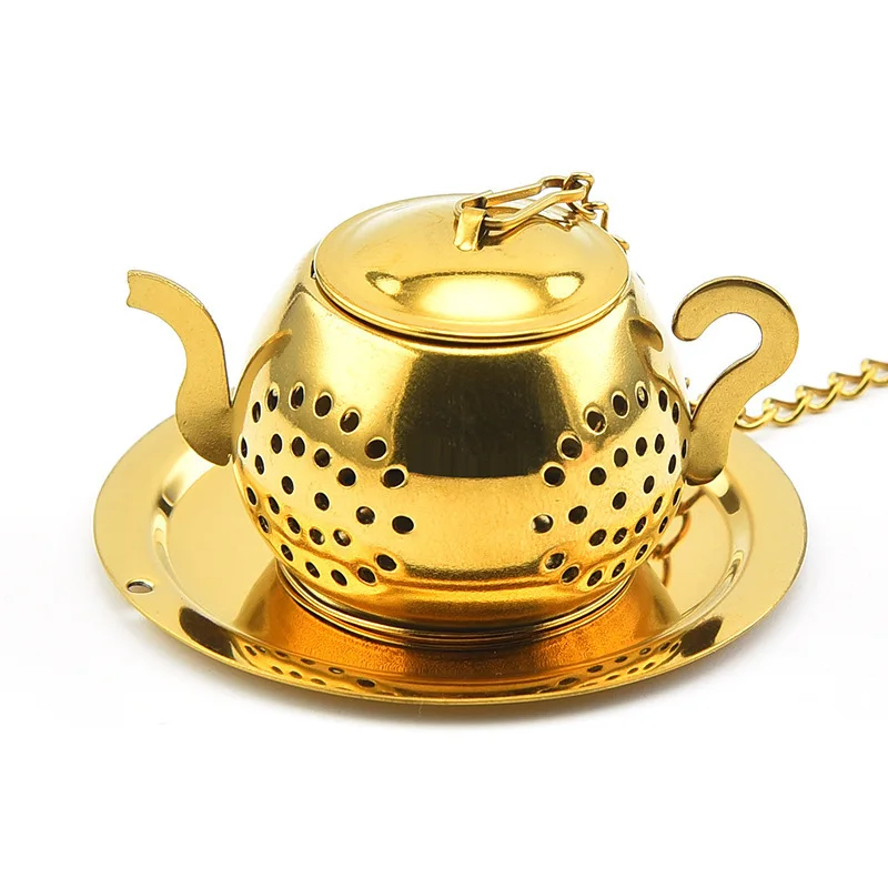 Gold Teapot Shaped Stainless Steel Loose Leaf Tea Infuser Reusable Tea Strainer for Herbal Spice Teaware Ceremony Accessories