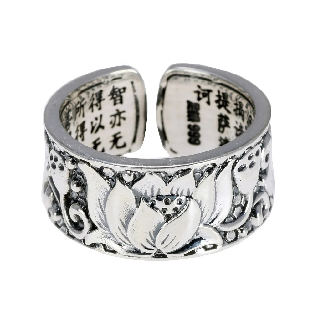 

Guaranteed 925 Silver Rings Men Women Lotus Heart Sutra Buddha Rings Buddhism Jewellery Resizable Bague Argent