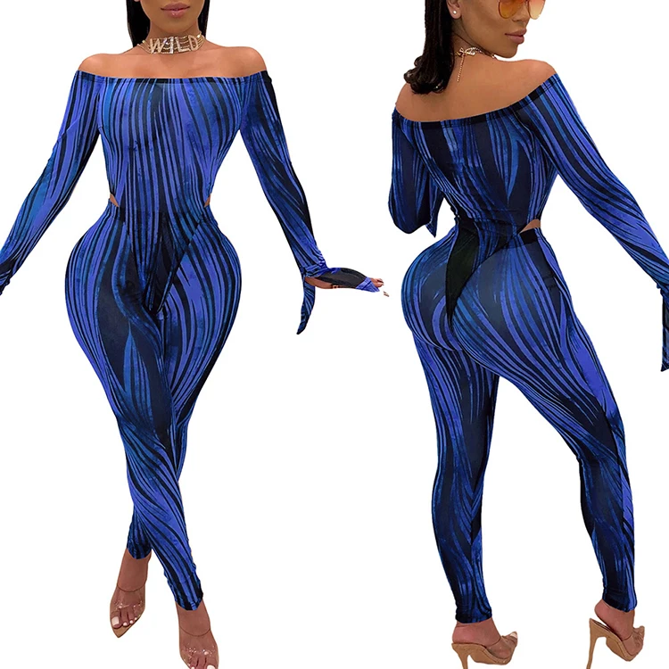 Charming Off The Shoulder Sexy Club Wear 2 Piece Set Women Bodycon Printed Jumpsuits