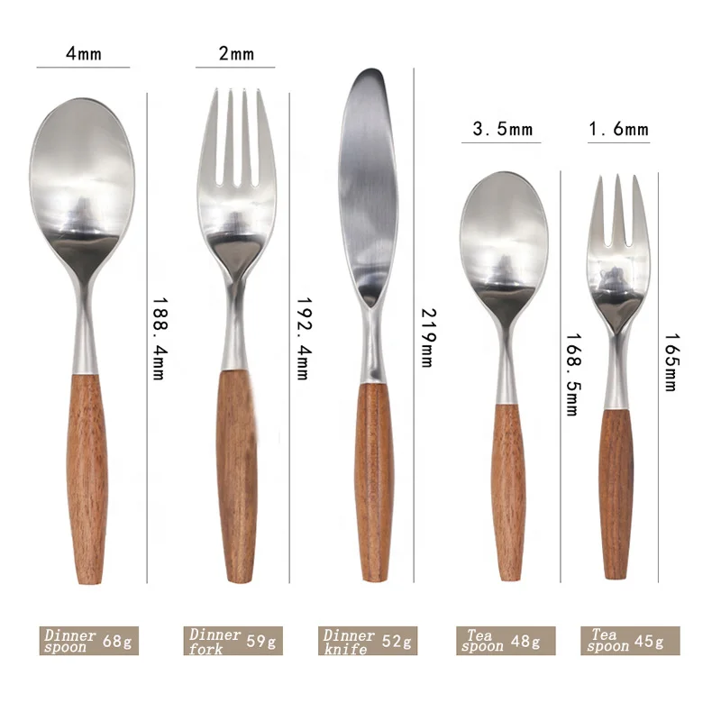 

304 Stainless Steel Nordic Wooden Handle cookware set Steak Knife Fork Spoon Three Piece Dessert Spoon Fork Cutlery Set, Silver