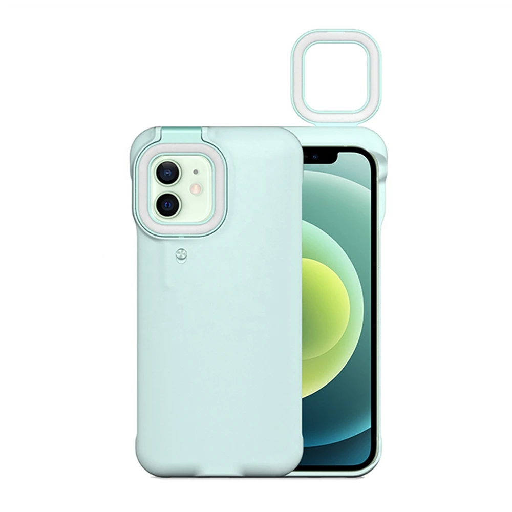 

2021 New arrival Led Fill-Light Mobile Phone Case for iPhone 12, ring light glitter phone case, White, mint