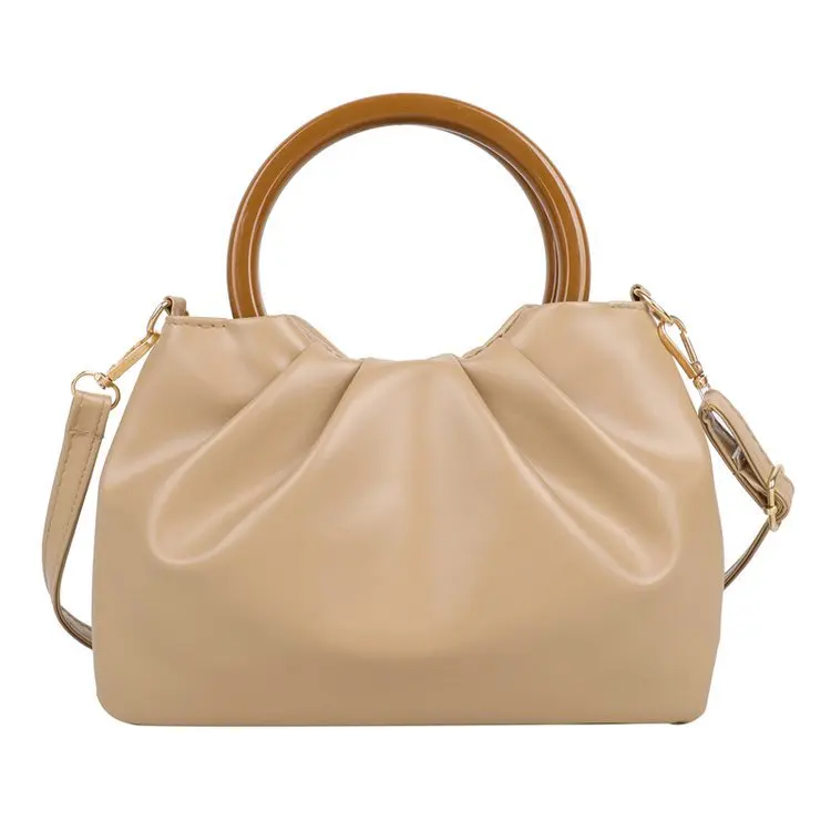 

Wooden round Handle With Pleat women leather bags handbags women crossbody bags 2021 handbags, 4 colors