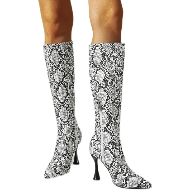 

2022 2022 Amazon Hot Sales Women's Boots Pointed Toe Side Zipper High-heeled Snake Print Women's Knee-length Boots