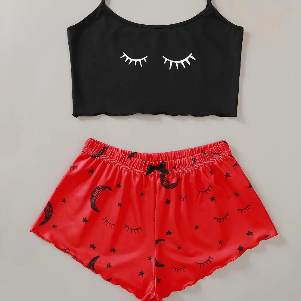 

Silk Ladies 2-piece Shorts Set Nightdress Ice Silk Print Pajamas