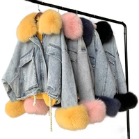 

Top Fashion Full Pelt Denim Fox Fur Trim Coat Winter Jean Real Fur Parka Jacket Women