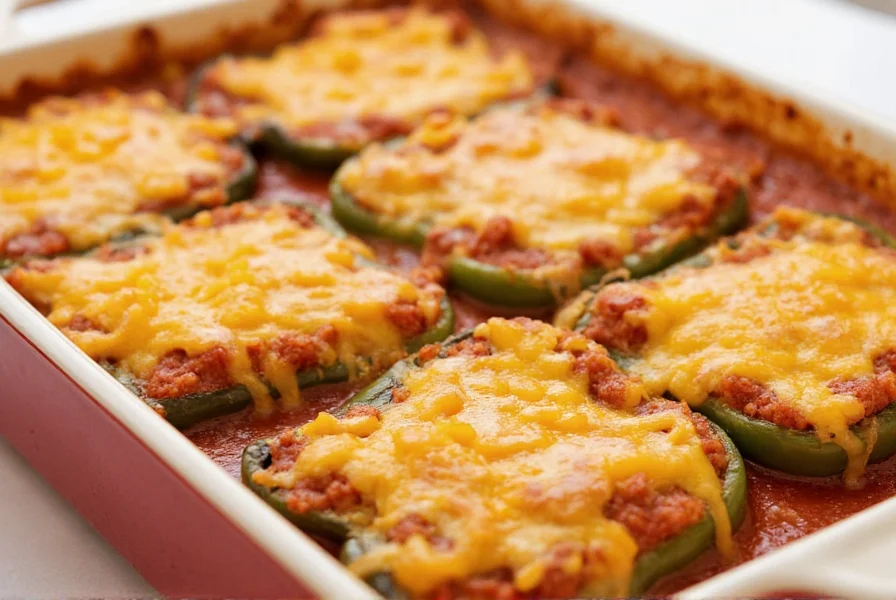 Chili rellenos casserole in baking dish showing layered roasted poblano peppers, melted cheese, and tomato sauce