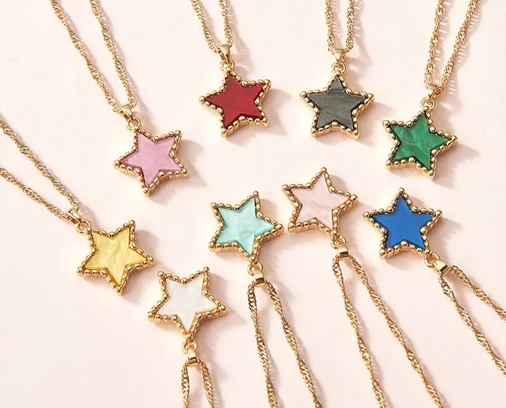 

2020 Trendy Female Shining Star Jewelry Set Colorful Acrylic Charm Star Pendant Real Gold Plated Necklace Glitter Star Earrings