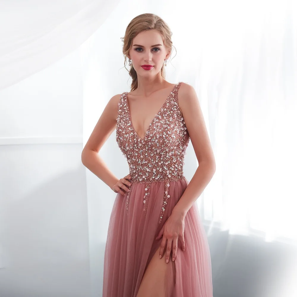 

Beading Prom Dresses 2022 V neck Pink High Split Tulle Sweep Train Sleeveless Evening Gown A-line Lace Up Backless Vestido De