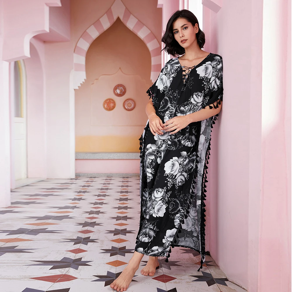 

Black floral print robe ete femme florale boheme robes longue africaine luxury boho women v neck short sleeve casual maxi dress