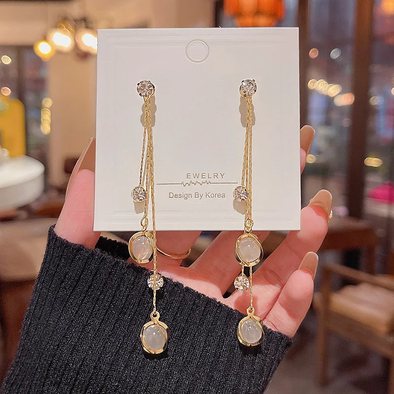 

Fine Pendant Long Earring Elegant 925 Sterling Silver Needle Bling Zircon Crystal Ball Opal Tassel Earrings