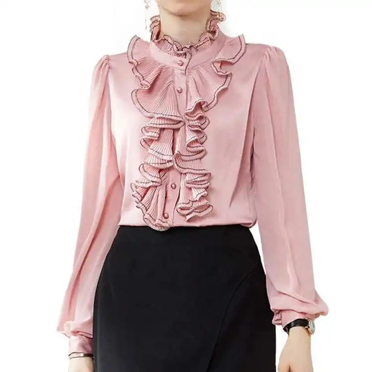 

Latest Design Silk Blouses Women High Quality Puff Sleeve Ruffle Blouse Silk Tops