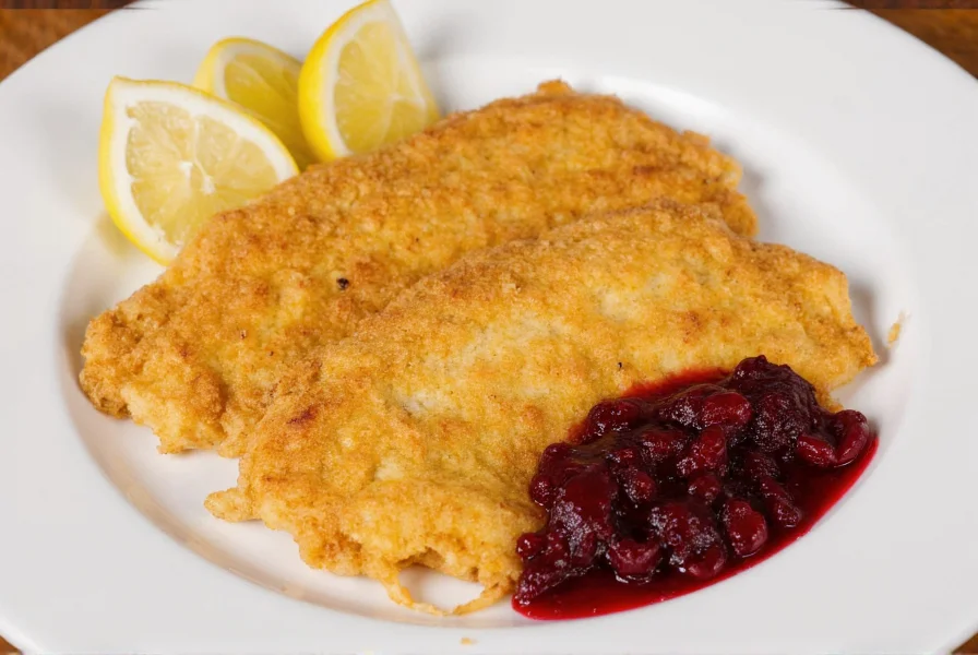 Traditional Austrian wienerschnitzel served with lemon wedges and lingonberry jam on a white plate