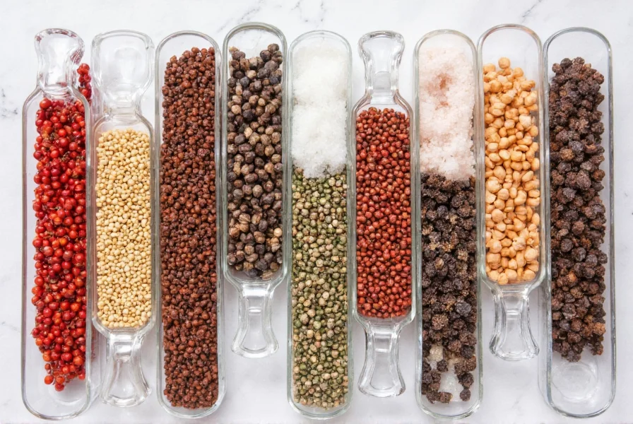 Assortment of different colored peppercorns and salt varieties displayed in glass containers