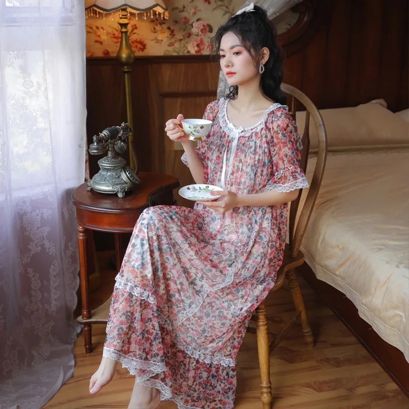 

Women's Short-Sleeved Nightdress 2021 Summer Royal Wind French Style Princess Lace Chiffon Floral Long Outfit Homewear Pajamas