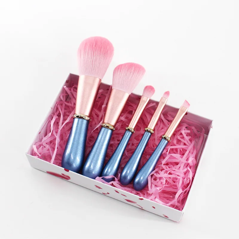 

Girls lovely Mini 5pcs Diamante Wood Handle Brush Set Soft Hair Makeup Brushes Gift Case, Pink