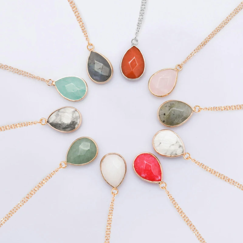 

High Quality Gold Plated Natural Stone Necklace Stainless Steel Bohemian Women Jewelry Handmade Teardrop Jade Pendant