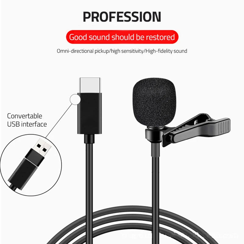 

50% Off Windproof Collar Clip Karaoke Interview Microphone Noise Reduction Microphone For Type-C Interface Phone, Black