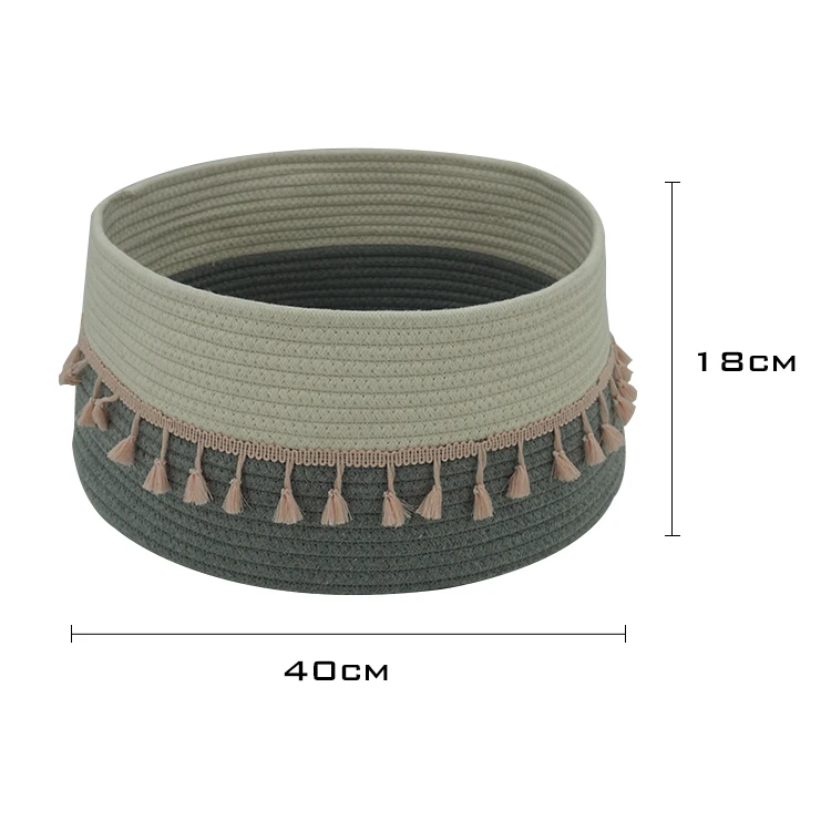 

Eco Friendly Foldable 100% Cotton Rope Storage Bin Storage Basket With Braided tassel, Green+ white,customized