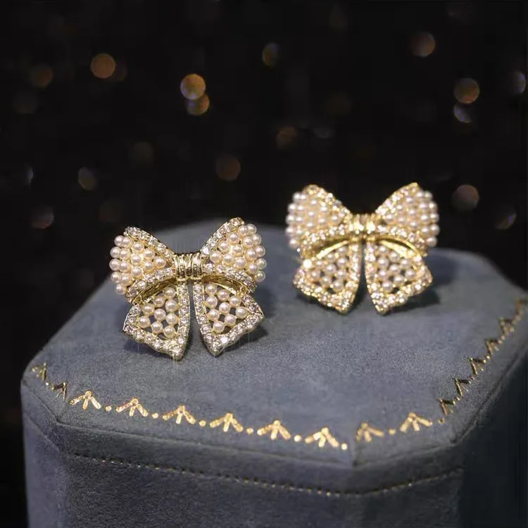 

Korean Fashion 925 Silver Needle Gold Plated Zircon Pearl Bowknot Stud Earrings For Women Statement Jewelry Gift
