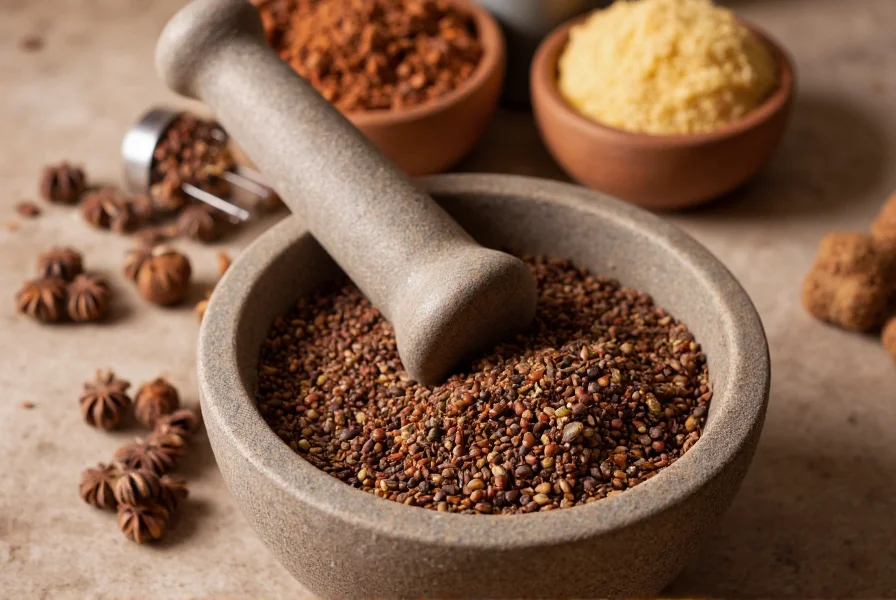 Anise seeds being ground in a mortar with pestle, showing the aromatic release of essential oils, with baking ingredients in background