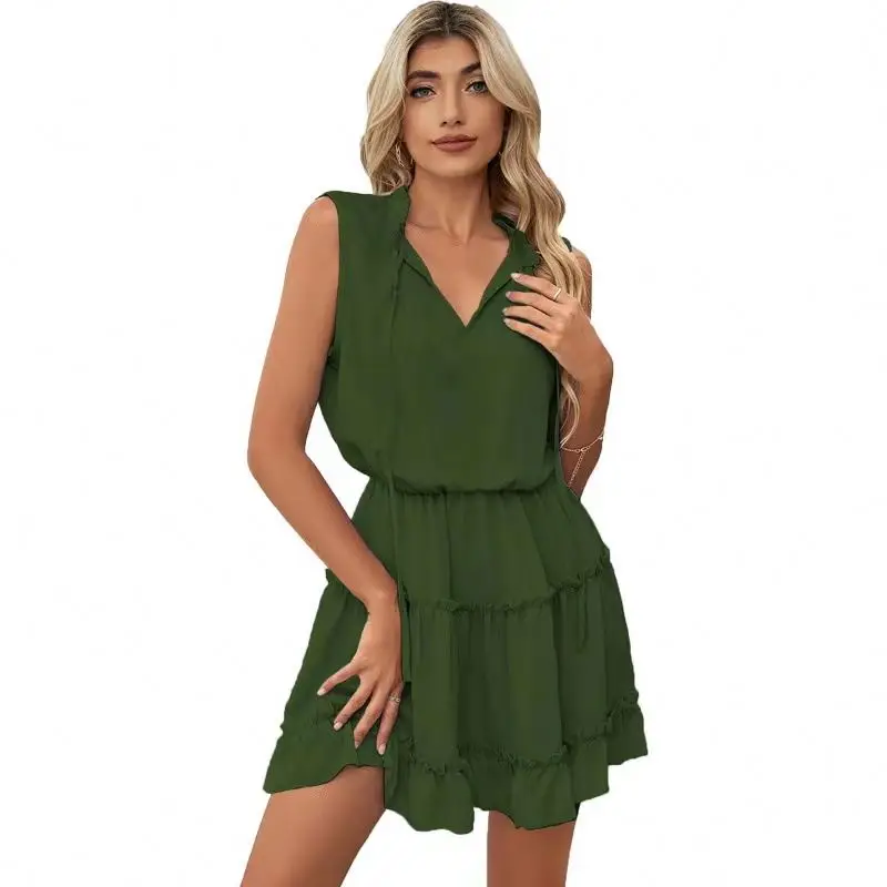 

2022 Hot Sale Women's Dress Summer Sleeveless V-neck Casual Wear Ladies Dress