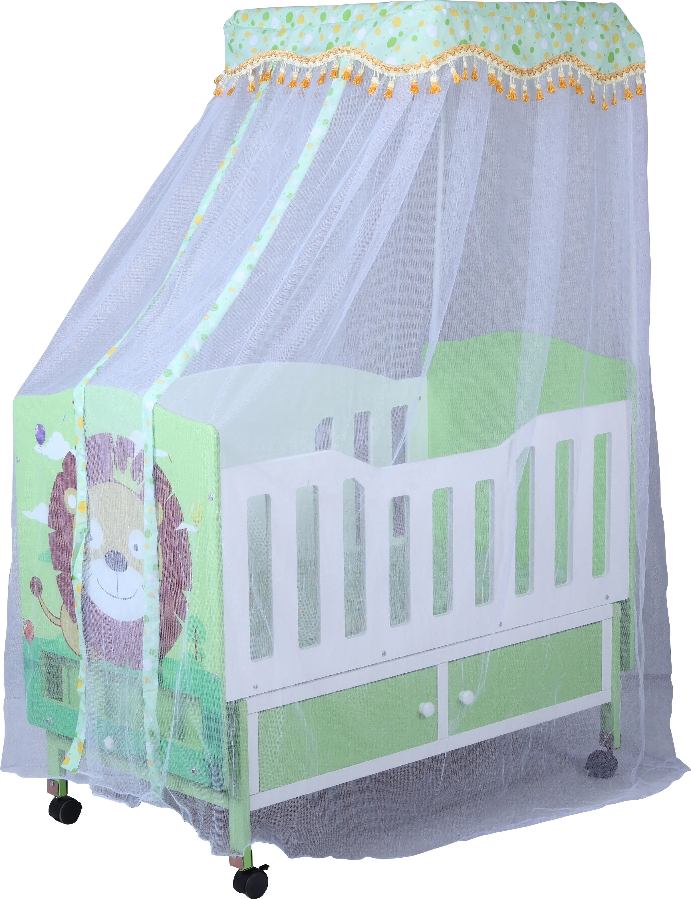 wooden cot with mosquito net