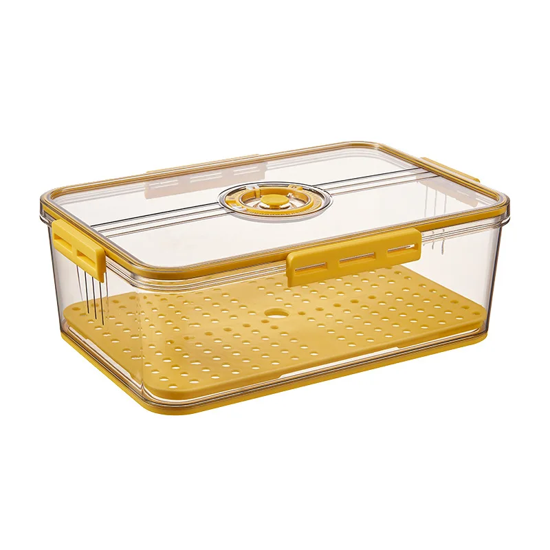 

PET plastic transparent thickened frozen draining fresh-keeping box with silicone ring lock lid timing storage box, Yellow