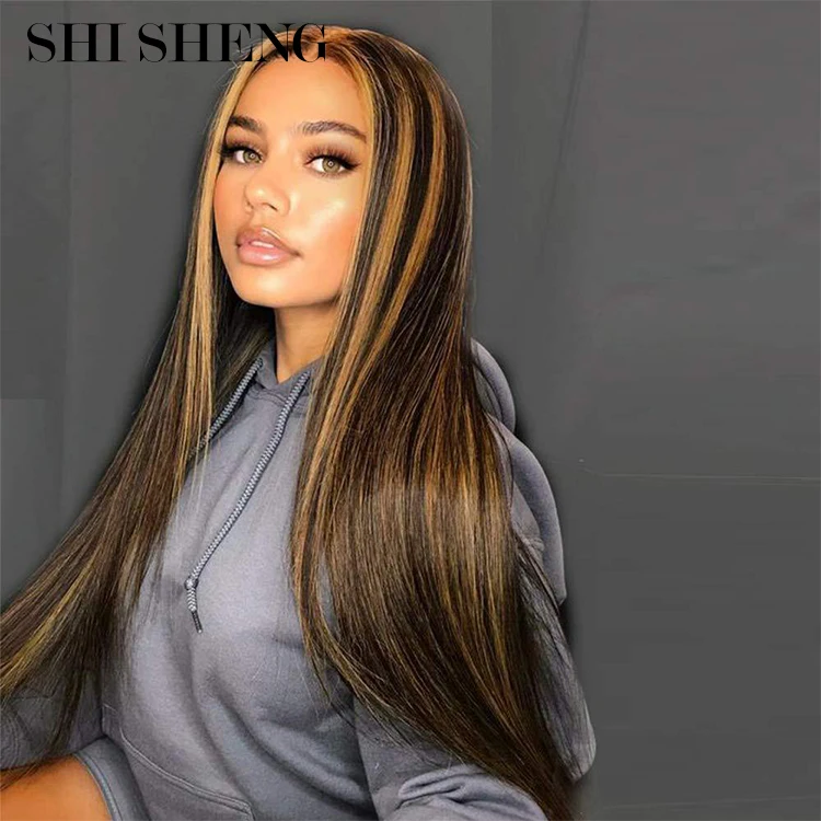 

SHI SHENG Cheap Long Straight Synthetic Ombre Brown Middle Part Lace Front Synthetic Hair Wigs for Black Women