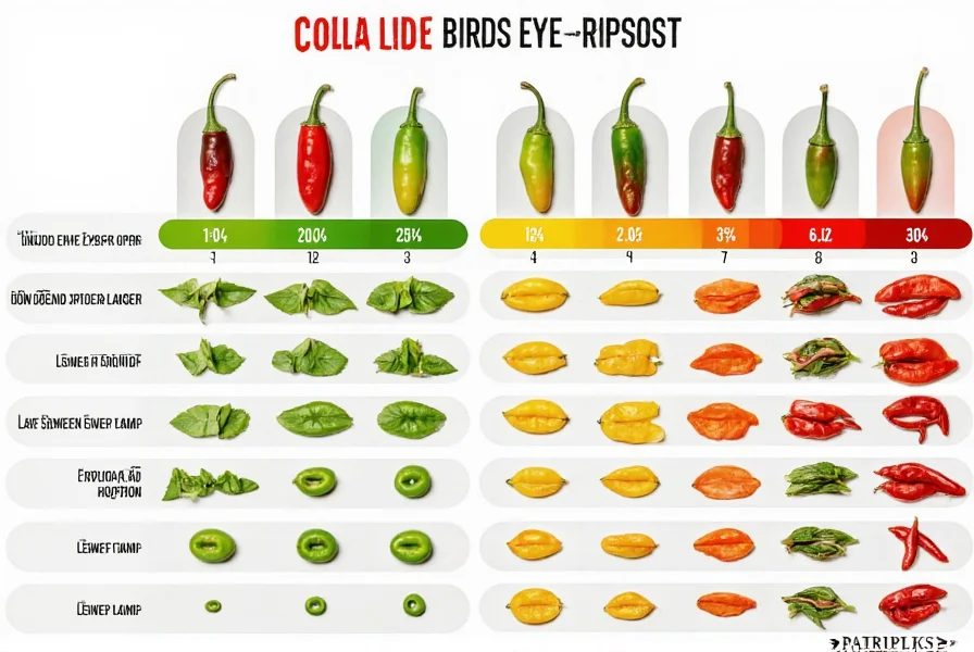 Tableau de comparaison montrant différentes variétés de piments oiseaux provenant de diverses régions du monde avec des indicateurs de niveau de chaleur