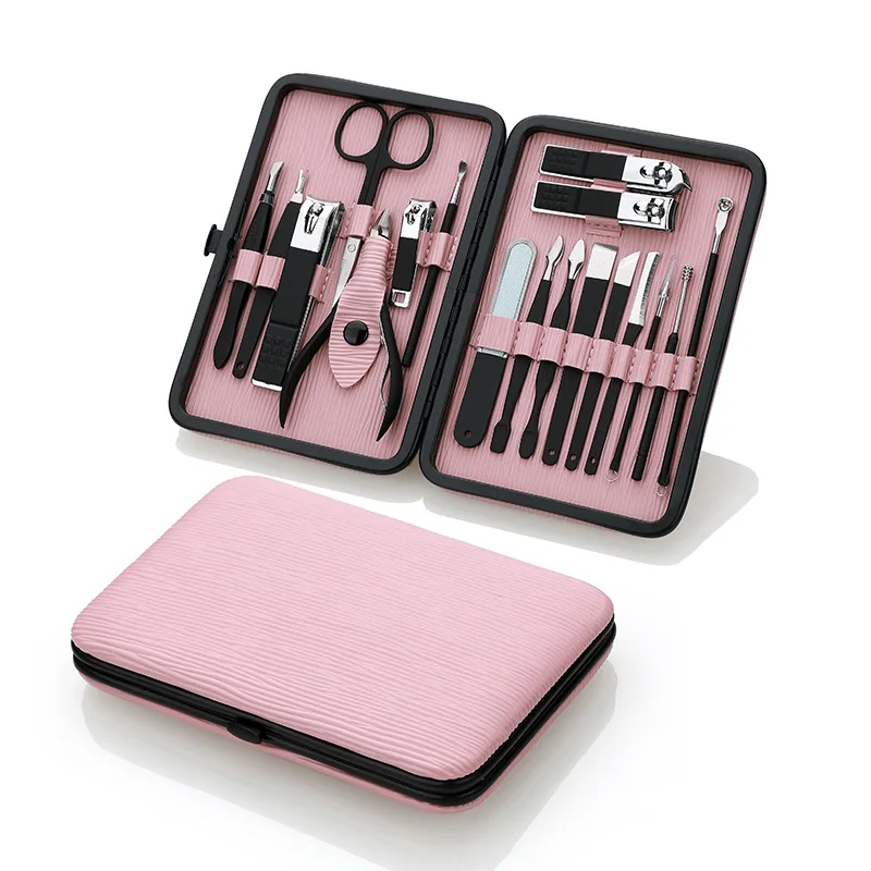 

Amazon Top Seller 18 Pcs Black Stainless Steel Pink Color Cute Manicure Set Nail Clippers Beauty Set, 3 colors