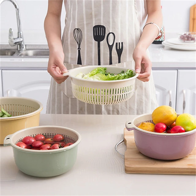 

J783 Multifunction Kitchen Double-Layer Durable Colander Fruit Vegetable Double Layered Rotatable Drain Basin Storage Basket