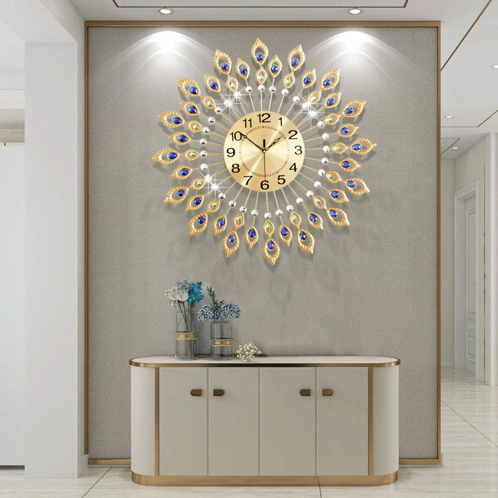 

odm/oem modern wall clock Diamond Decoration Metal Design Crystal Peacock Luxury Wall Clock Home Decoration For living Room, Black golden silver