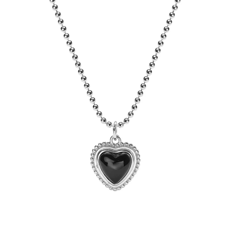 

Daidan Necklace Love Black Heart Agate Luxury Mothers Day Silver Pendant Beaded Necklaces